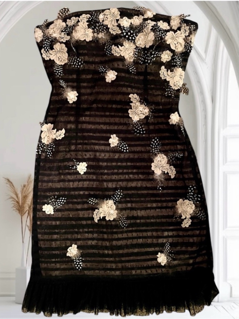 BCBGMaxAzria Black Strapless Lace Dress with Cream Floral Appliqué